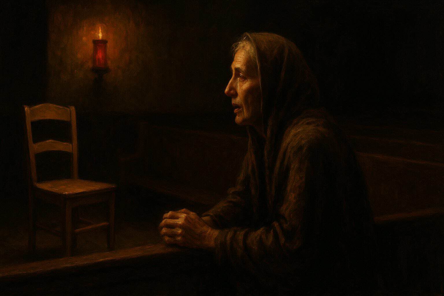 Elderly woman speaking softly to an empty chair in a dark chapel, lit by a single warm lamp