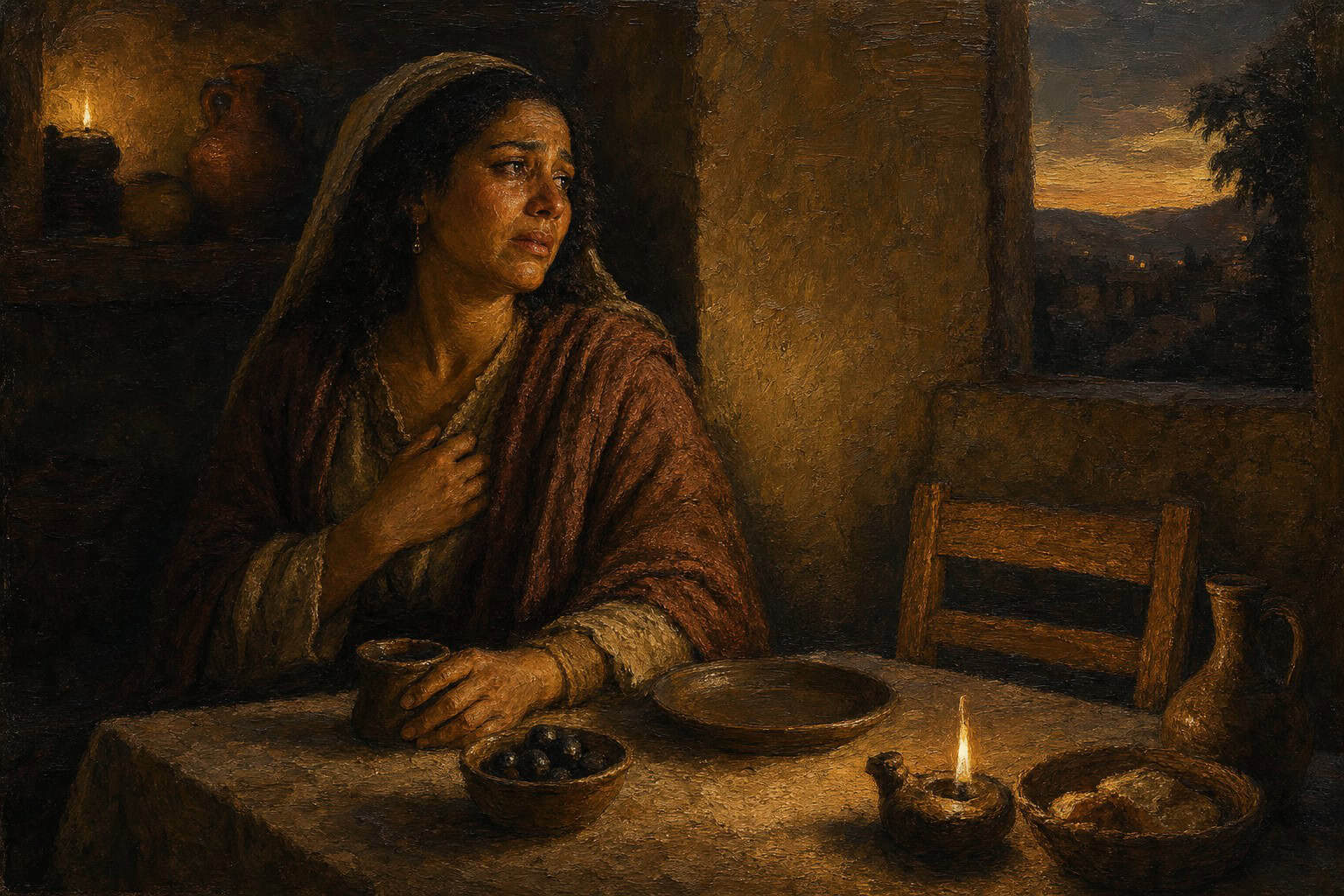 A candlelit table set for two, one chair pulled out and empty, a plate gone dim