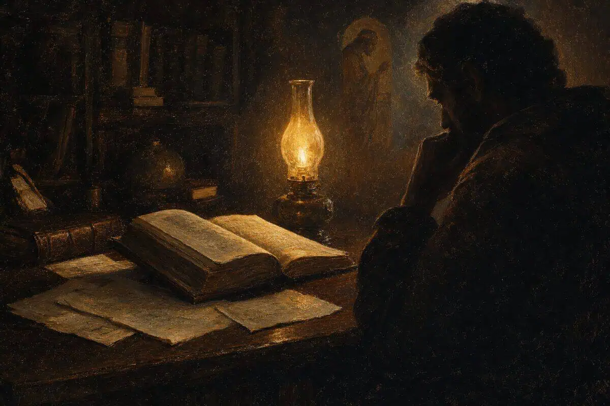 Episteme: a reader studies an open book by lamplight in a shadowed room.