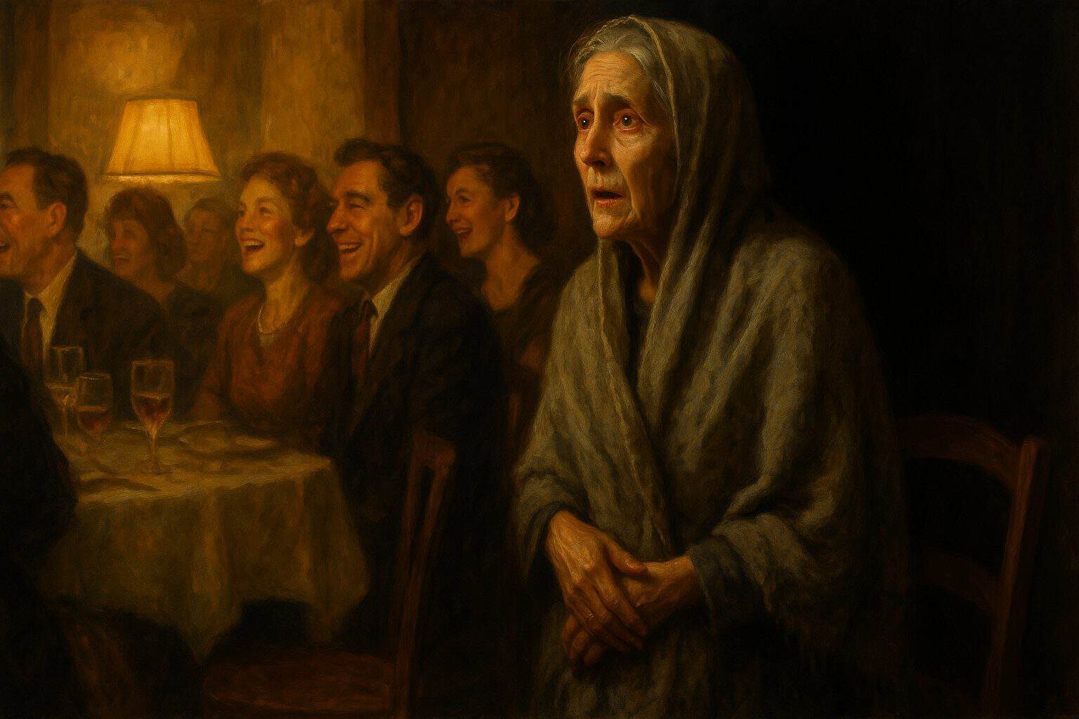 An old woman unseen at the edge of a warm-lit gathering, aching to be noticed by guests who look past her