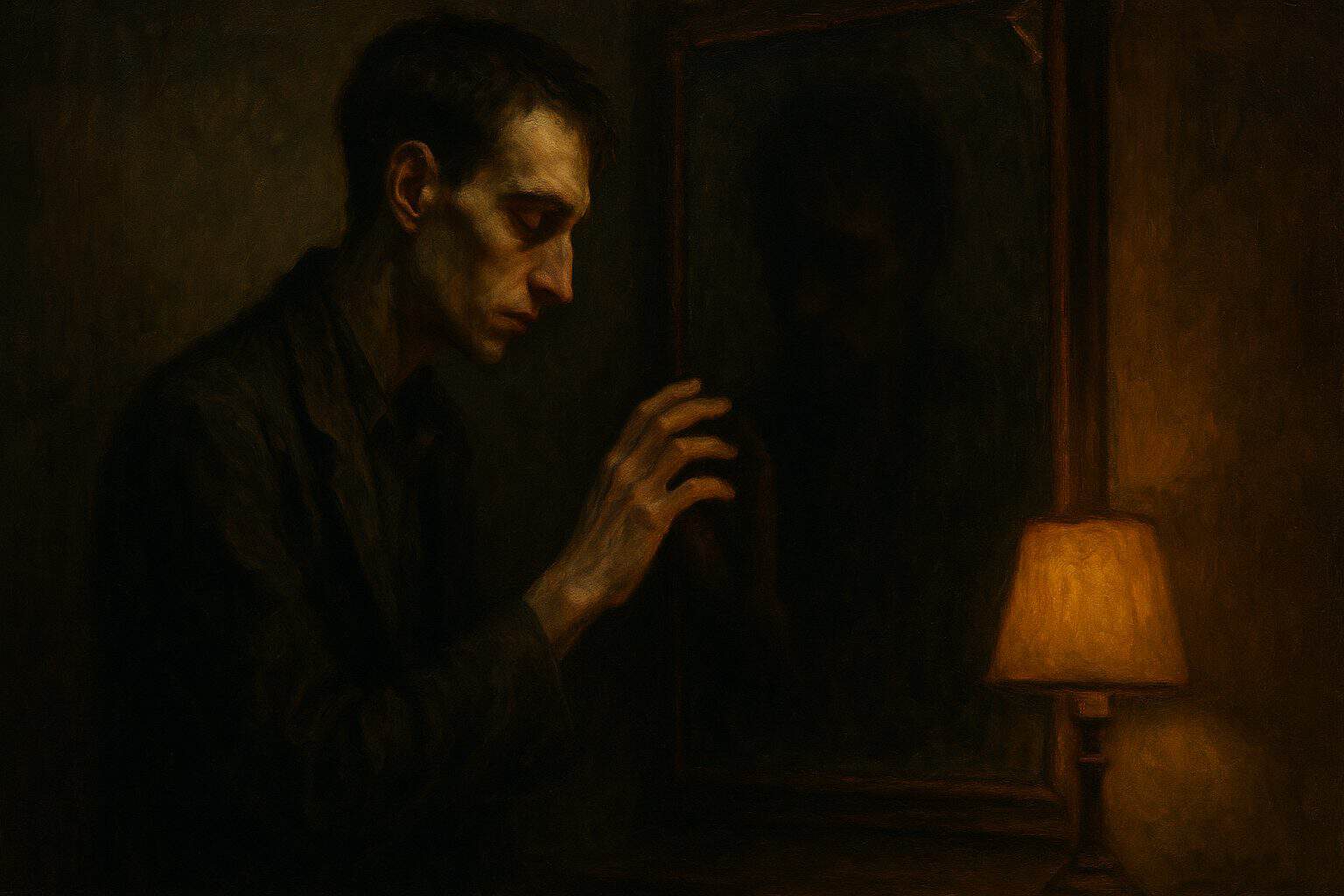 A young man reaching toward his own fading reflection in a dim mirror, withdrawing in quiet grief