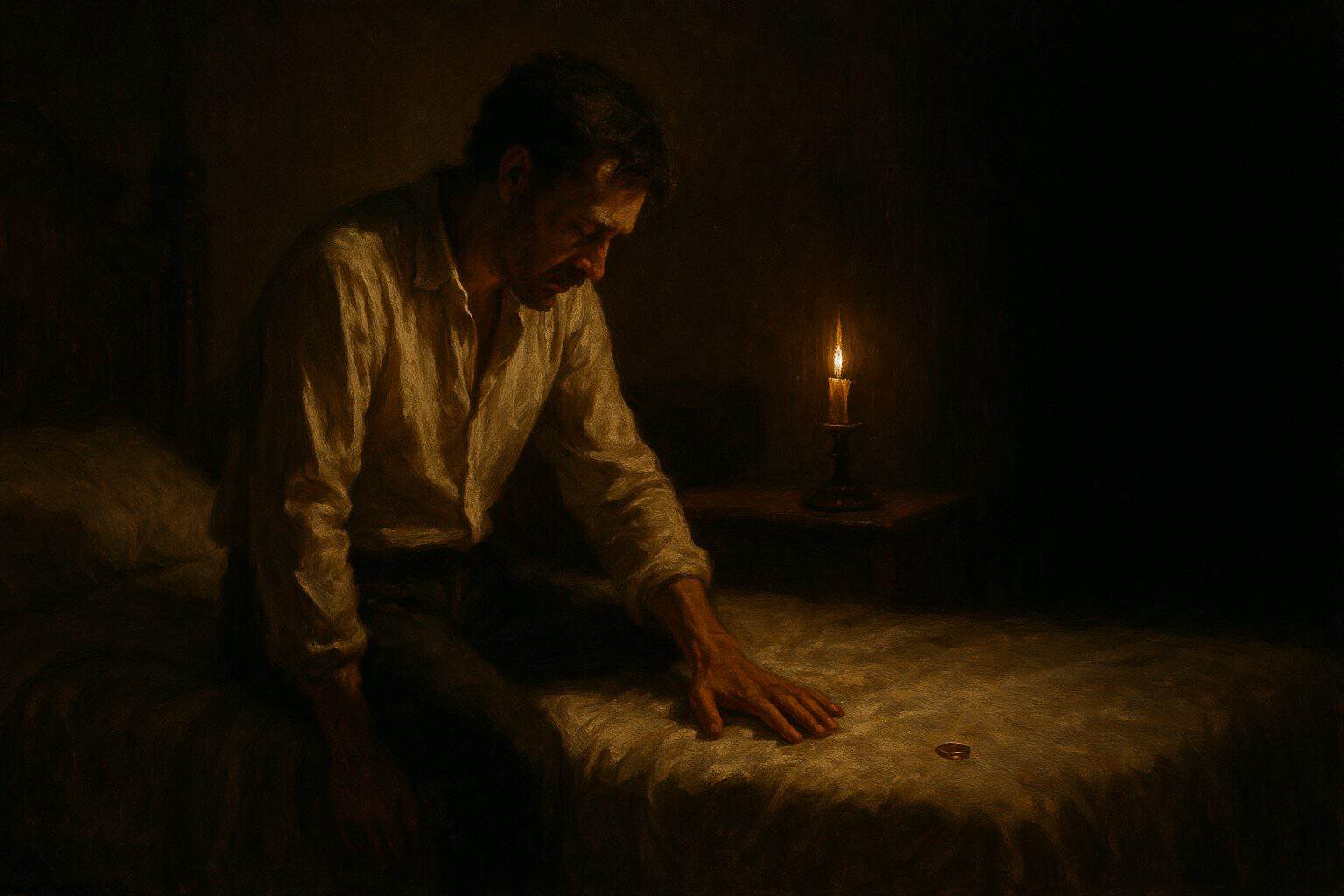 A man alone on a bed at night touching the empty half where a lover lay, aching and numb
