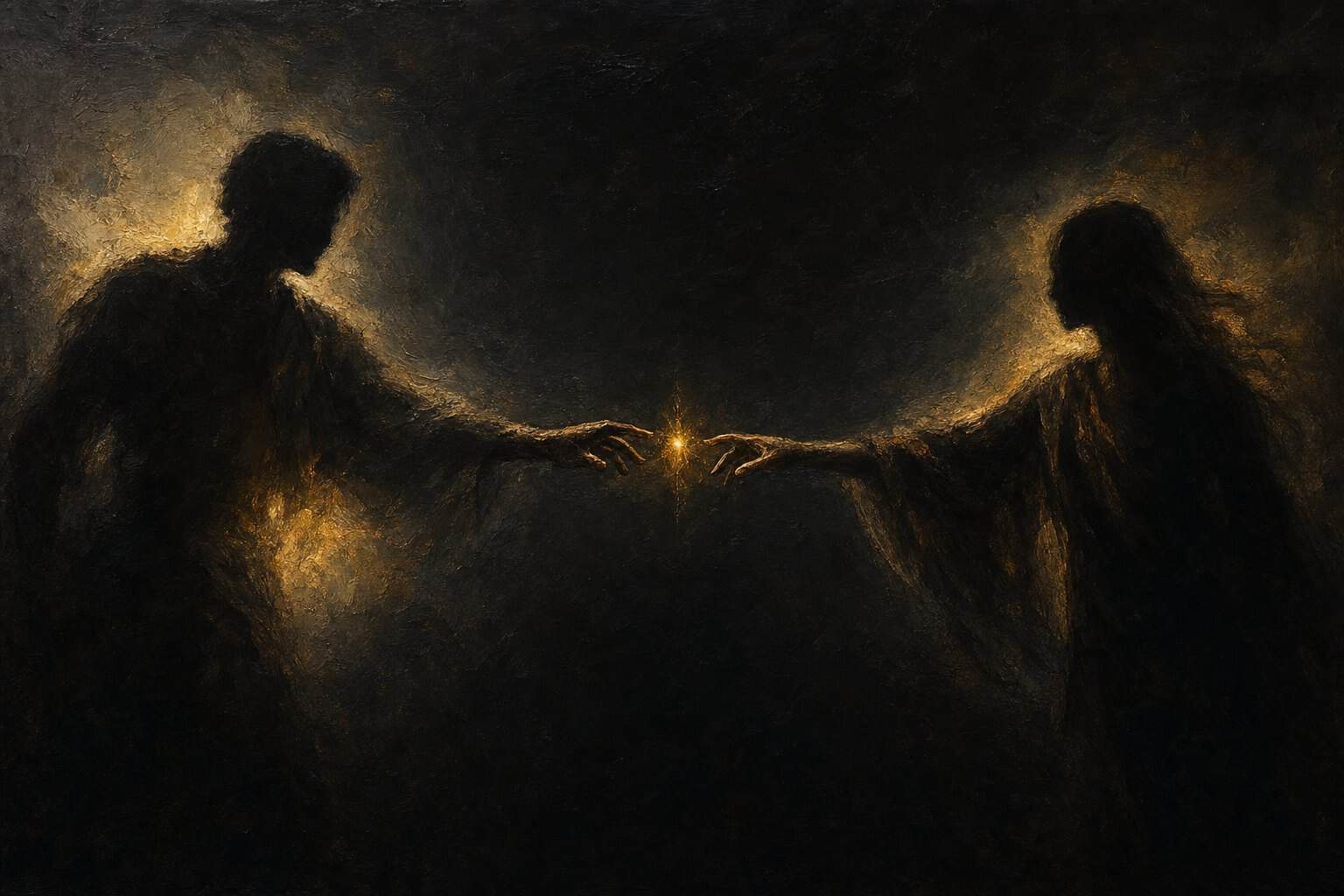 A man and woman touch fingertips, illuminated by a soft glow, surrounded by dark, rustic elements and a flickering candle.