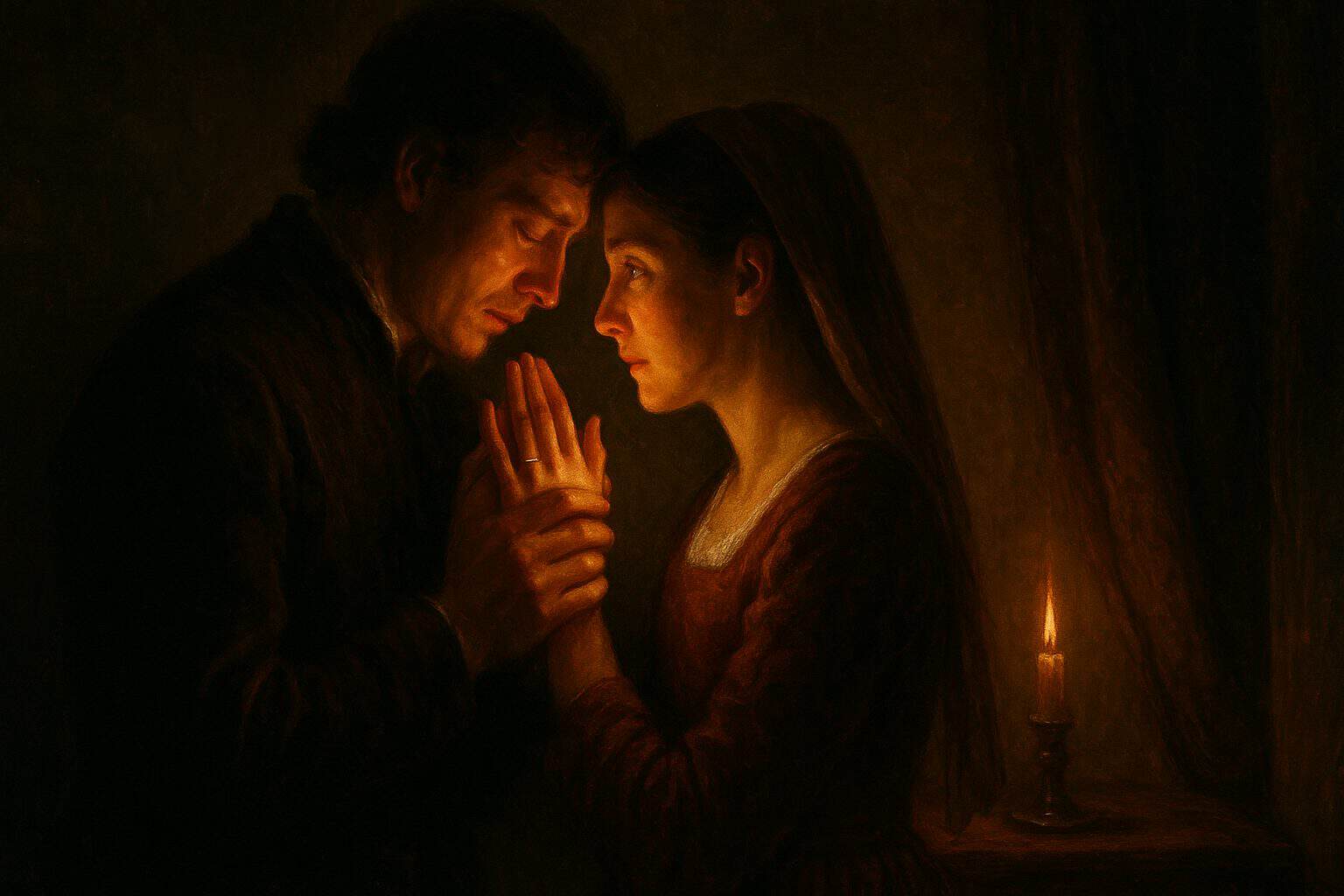 Young couple standing close by candlelight, hands touching, faces tender and awed in warm shadow