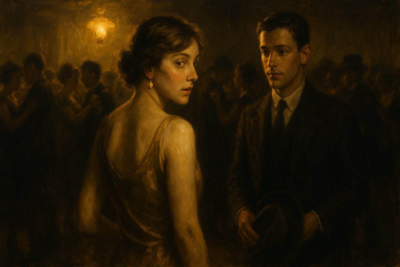 A young woman glancing back at a man across a shadowed dance hall, recognition passing between them