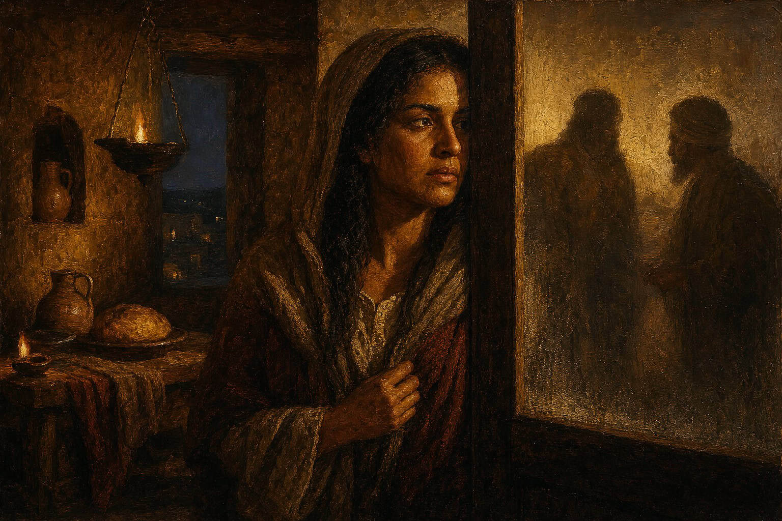 A woman's calm expressionless face half-lit through fogged glass, two faint shadows behind her