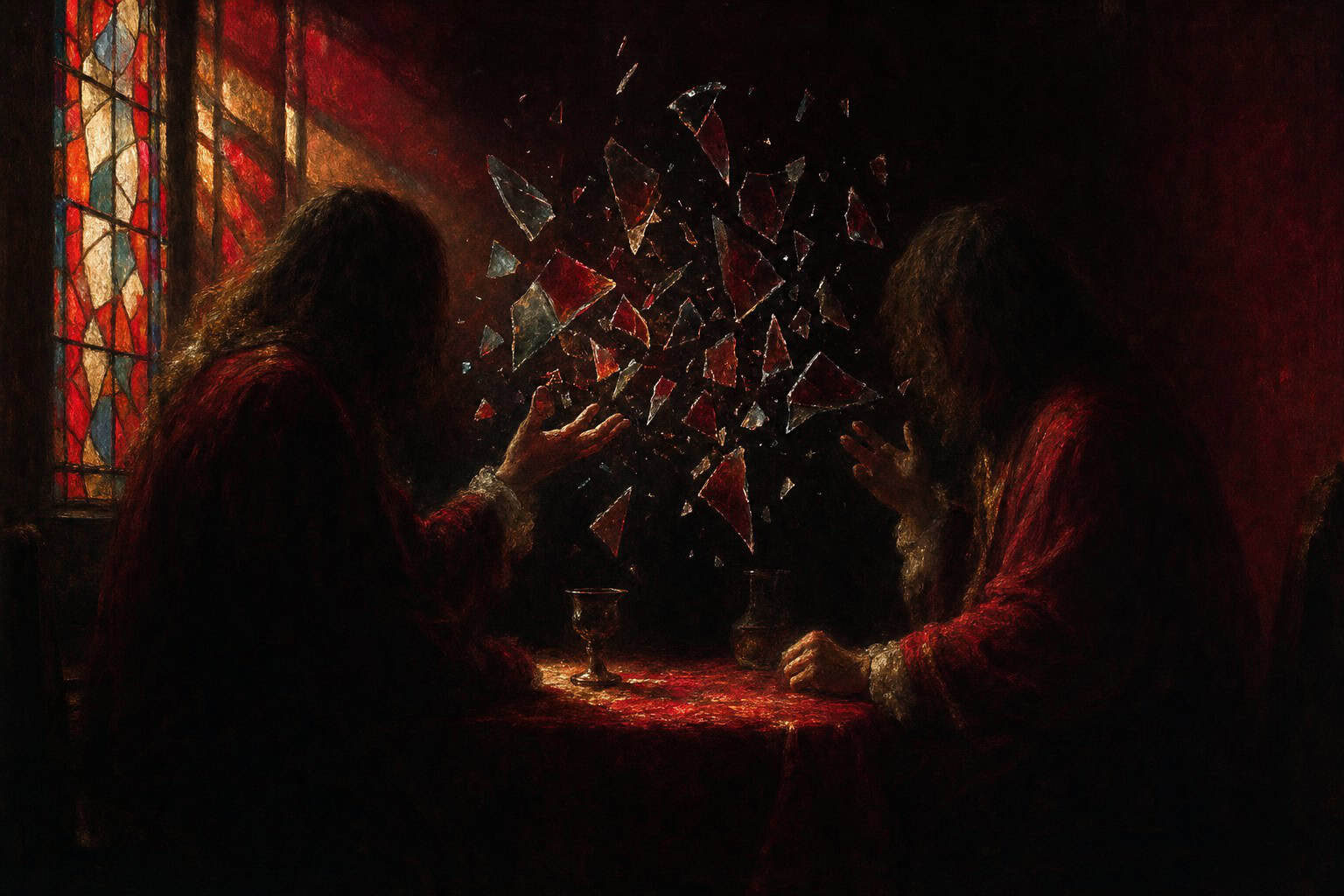 Two men sit at a table, animatedly discussing, with broken bread pieces floating between them, illuminated by a soft light.