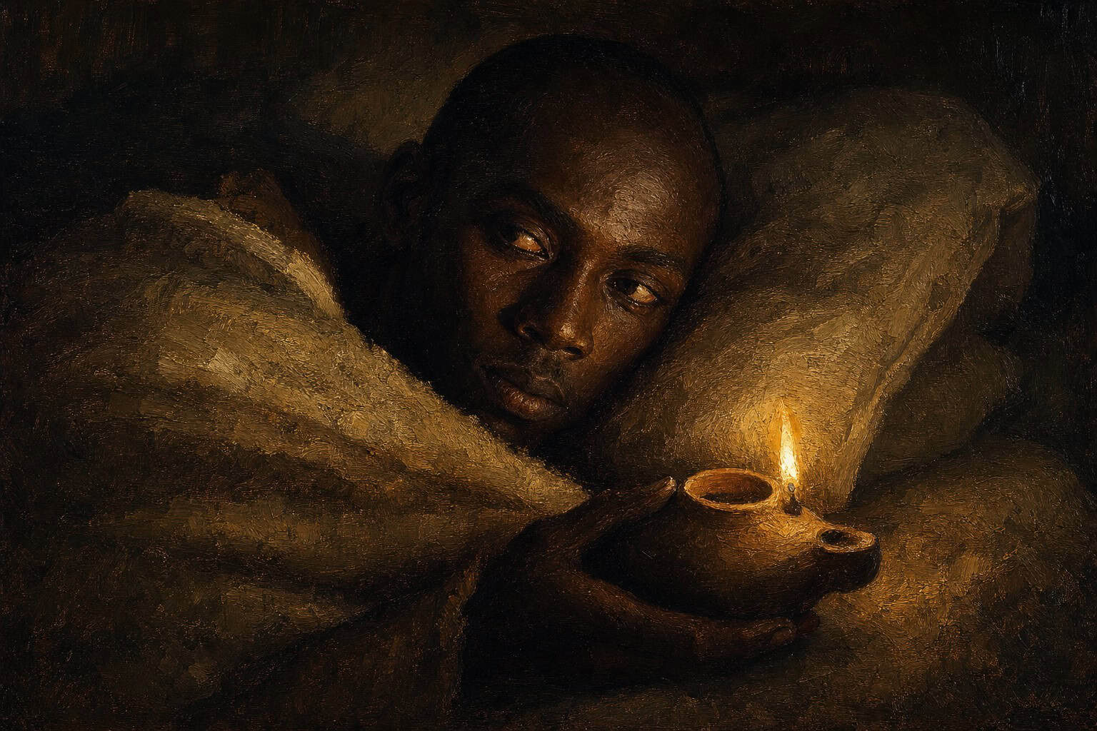 A dim sleeping chamber at night, a face lit only by the dim glow of a clay oil lamp held close under the covers