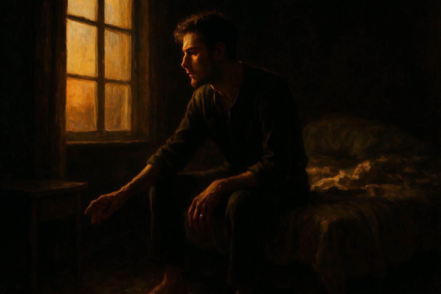 A young man on the edge of his bed at dawn, caught between rising and surrendering, tense and hesitant