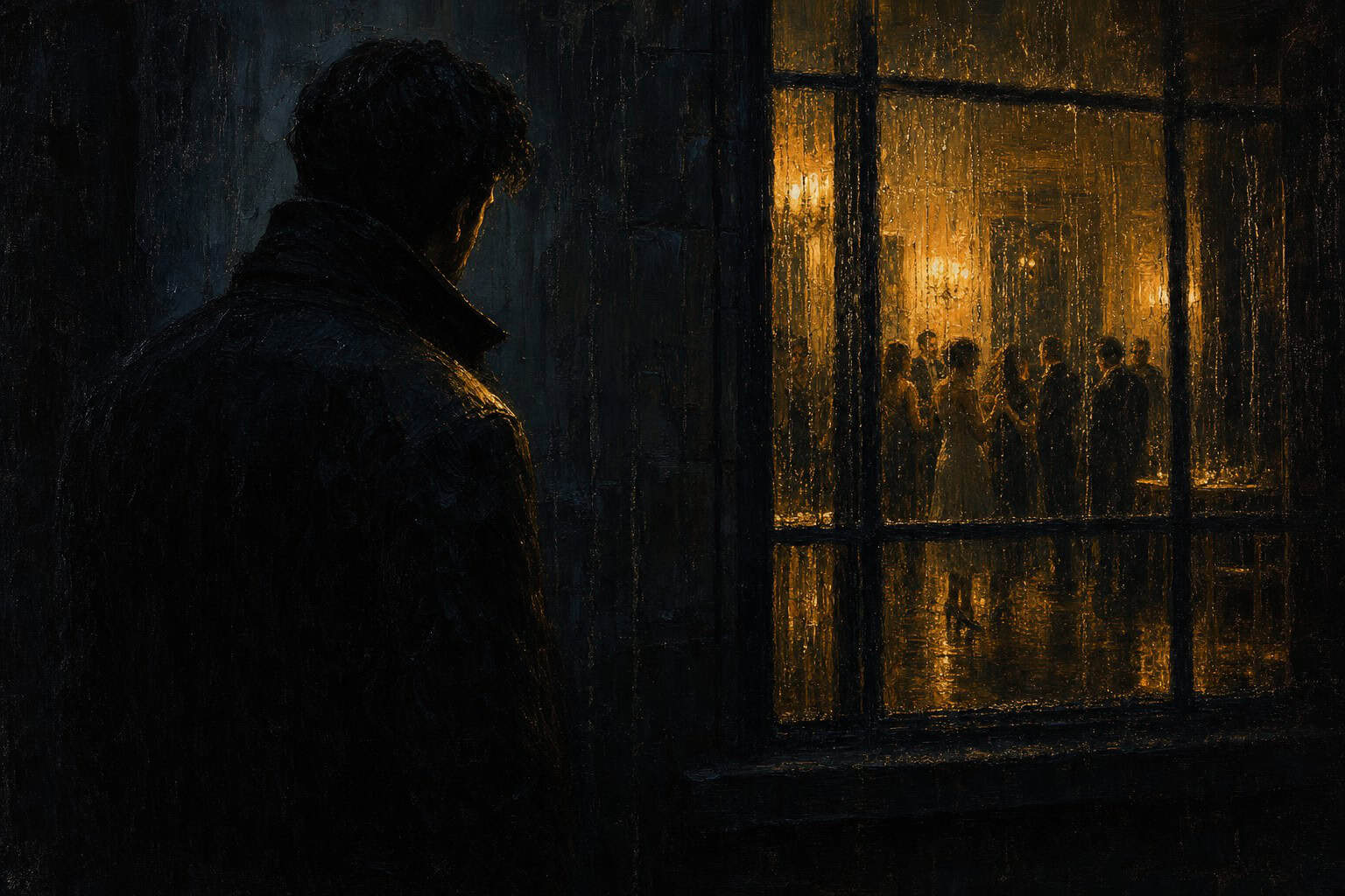 A figure stands in the foreground, peering through a window at a gathering of people around a table, illuminated by warm ligh