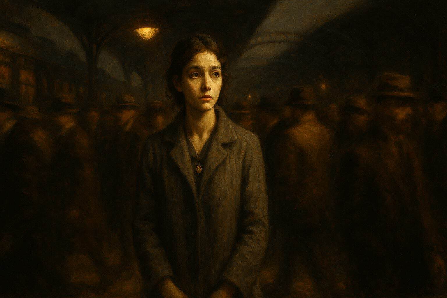 Young woman still amid a blurred dusk train crowd, lamplit face aching between relief and loneliness