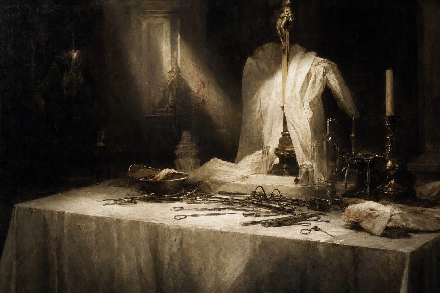 clinical instruments scattered across an altar — Confessions to the Empty Chair by Anthony Adore