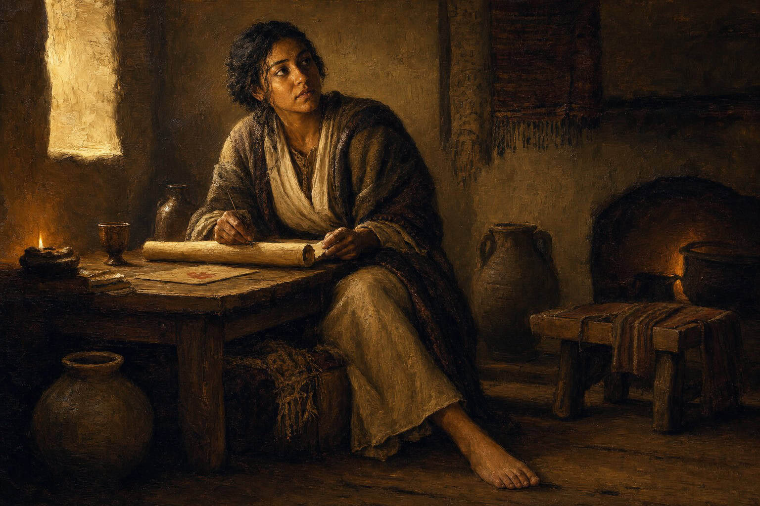 A young man alone at a desk in gray dawn light, a red-marked paper face-down beside him