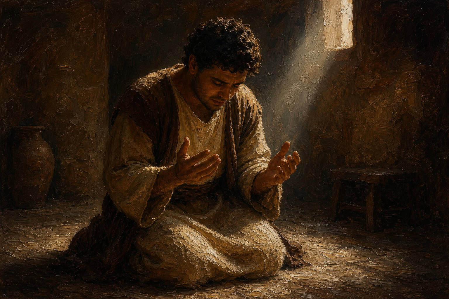 A man kneeling alone on shadowed concrete in dim light, head bowed, empty room