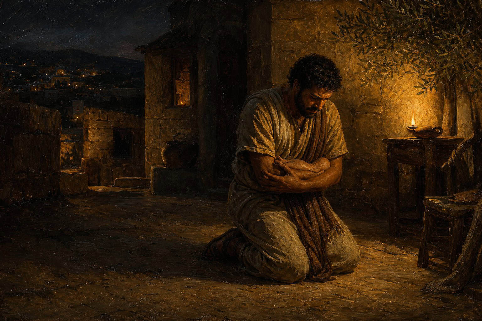 A young man kneeling on dim concrete at night, arms cradling empty air, a faint unseen presence beside him in the shadow