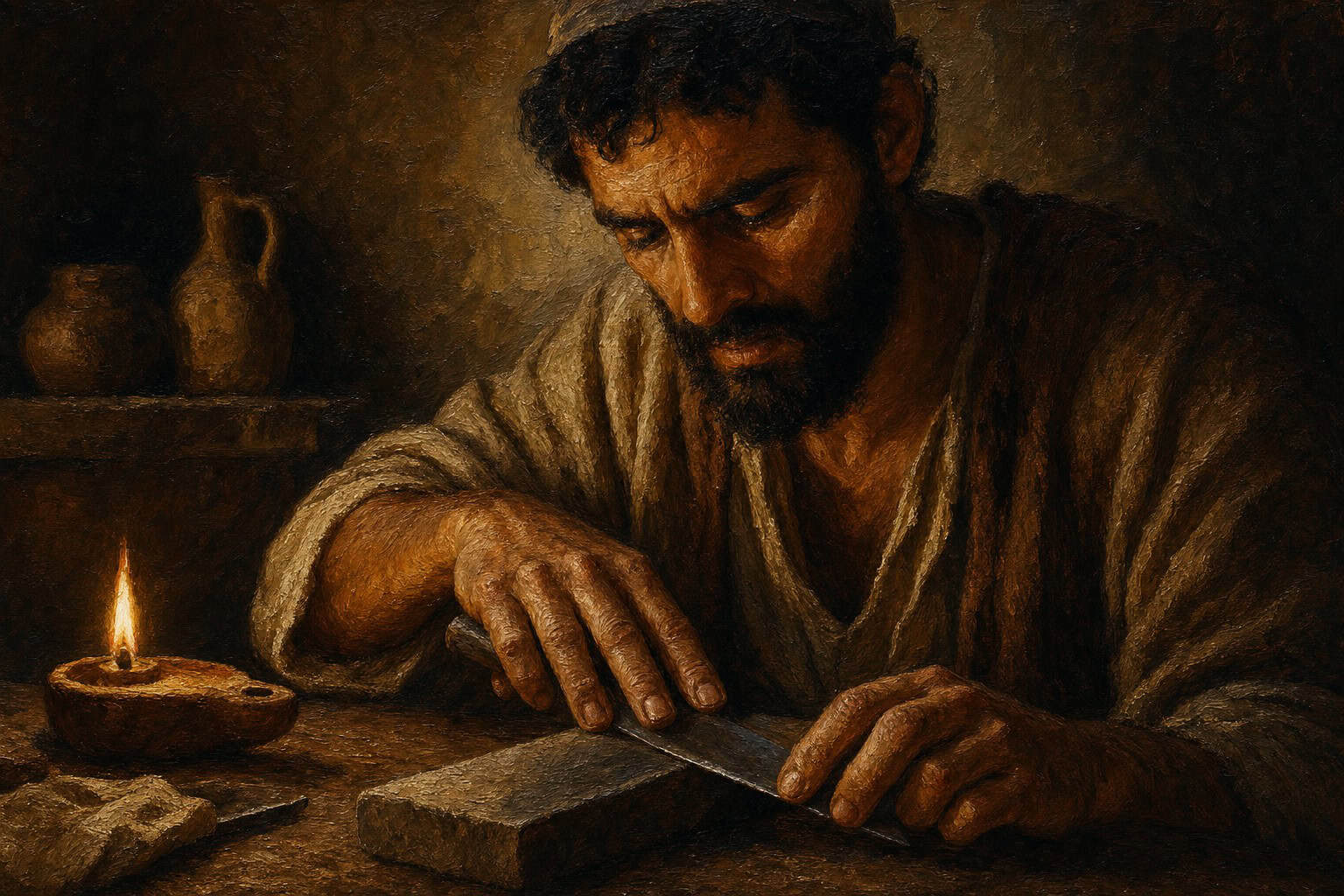 A worn whetstone on a wooden bench in dim light, a hand resting on a dull blade, one lamp burning