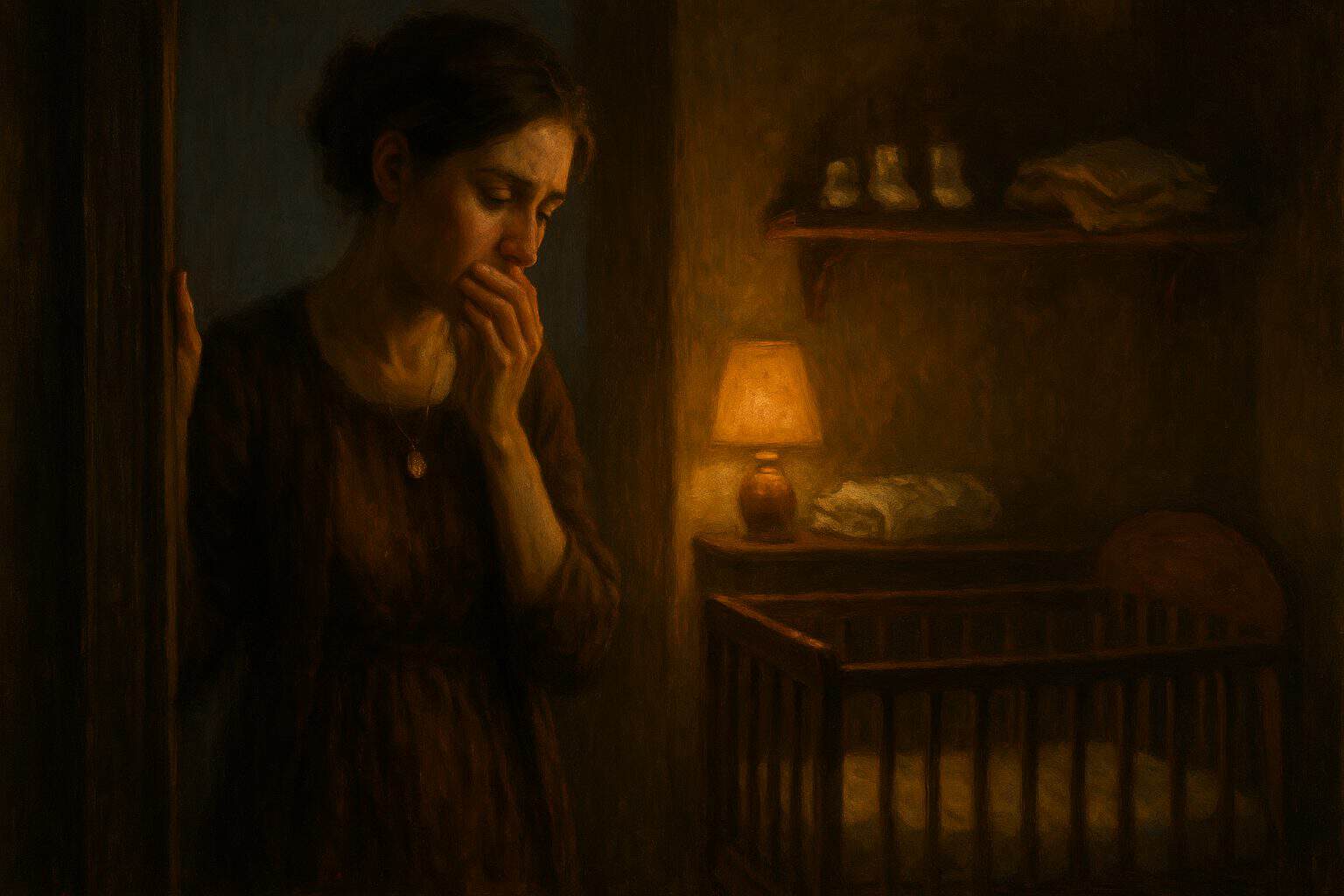 A young mother at a nursery doorway at dusk, tender and grieving beside unused baby things