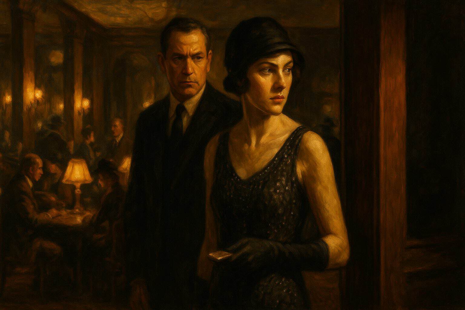 A wary woman pausing in a dim hotel lobby while a suited man watches her, mutual guarded surveillance