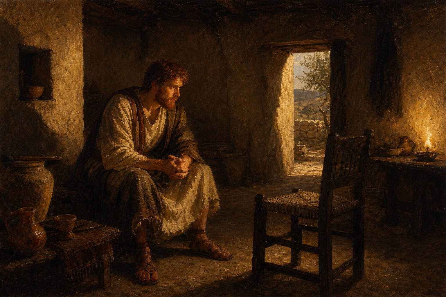 A lean young man seated before an empty chair in dim light, hands unclasping, a faint warmth entering the darkened room