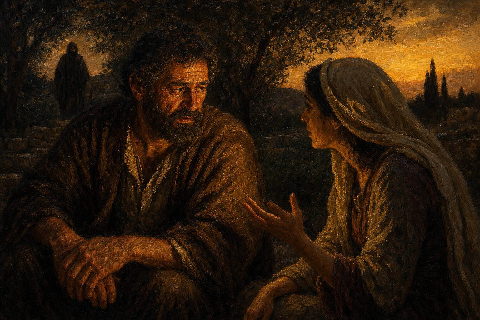 Two figures in a dim garden at dusk, turned toward each other