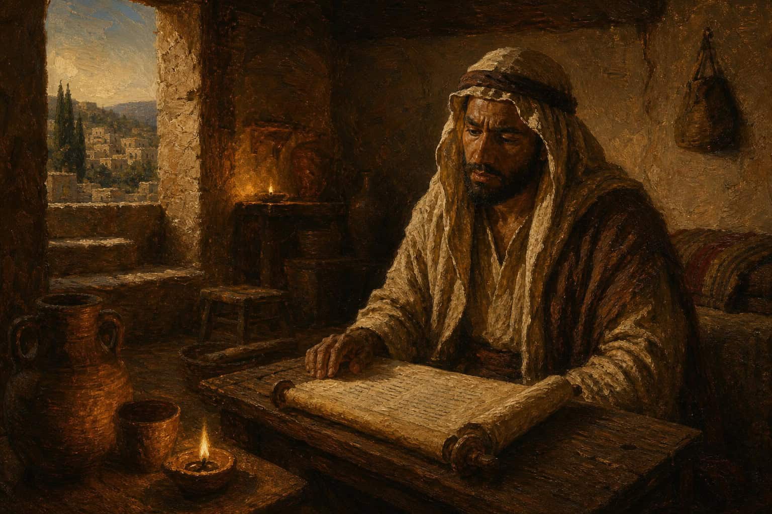 A single open scroll on a table in low afternoon light, a hand resting near the page, warmth implied but no faces