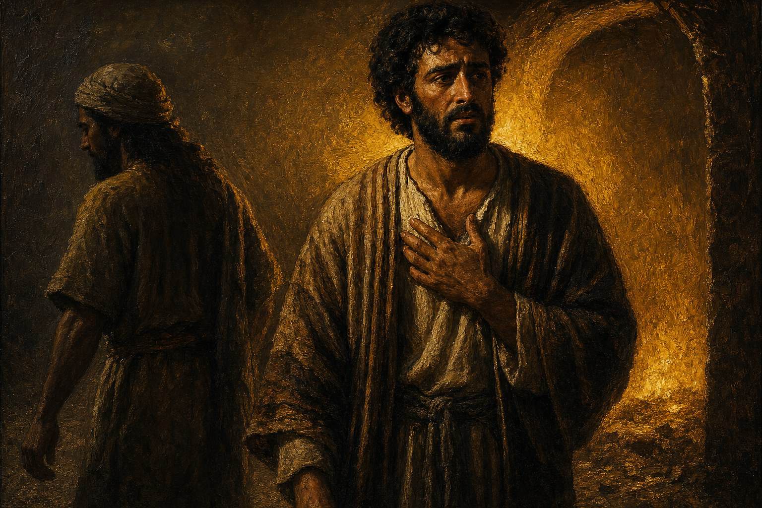A lone figure standing inside a furnace of pale gold light, a second dim shape walking beside him, ash on the floor
