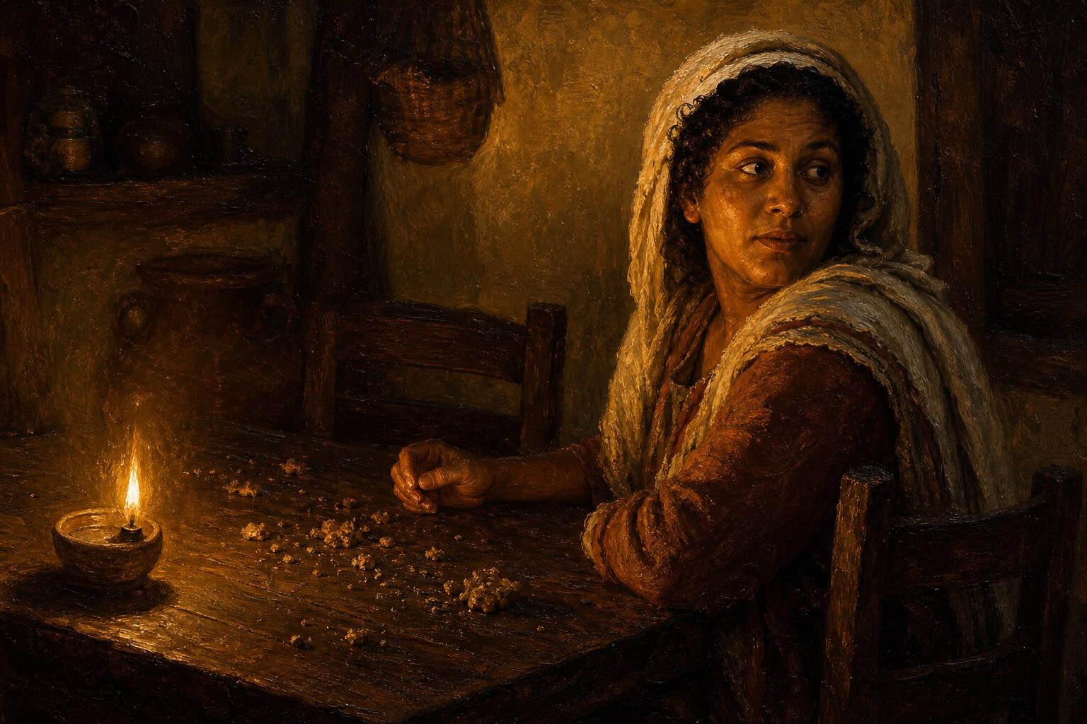 A single candle burning on an empty table, breadcrumbs scattered across dark wood, two chairs