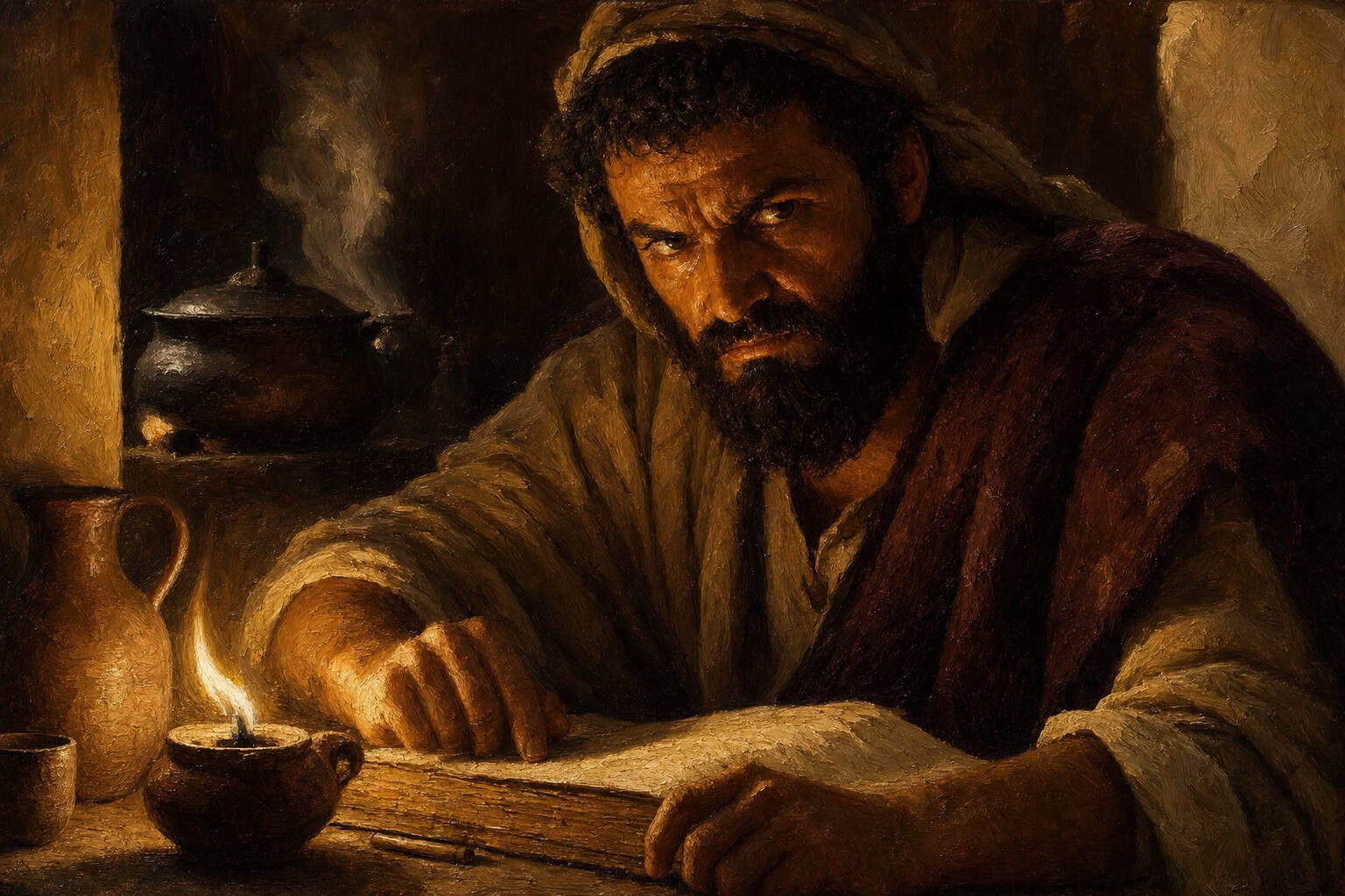A solitary figure at a candlelit table, a ledger open before him, steam rising from a covered pot in the shadowed background