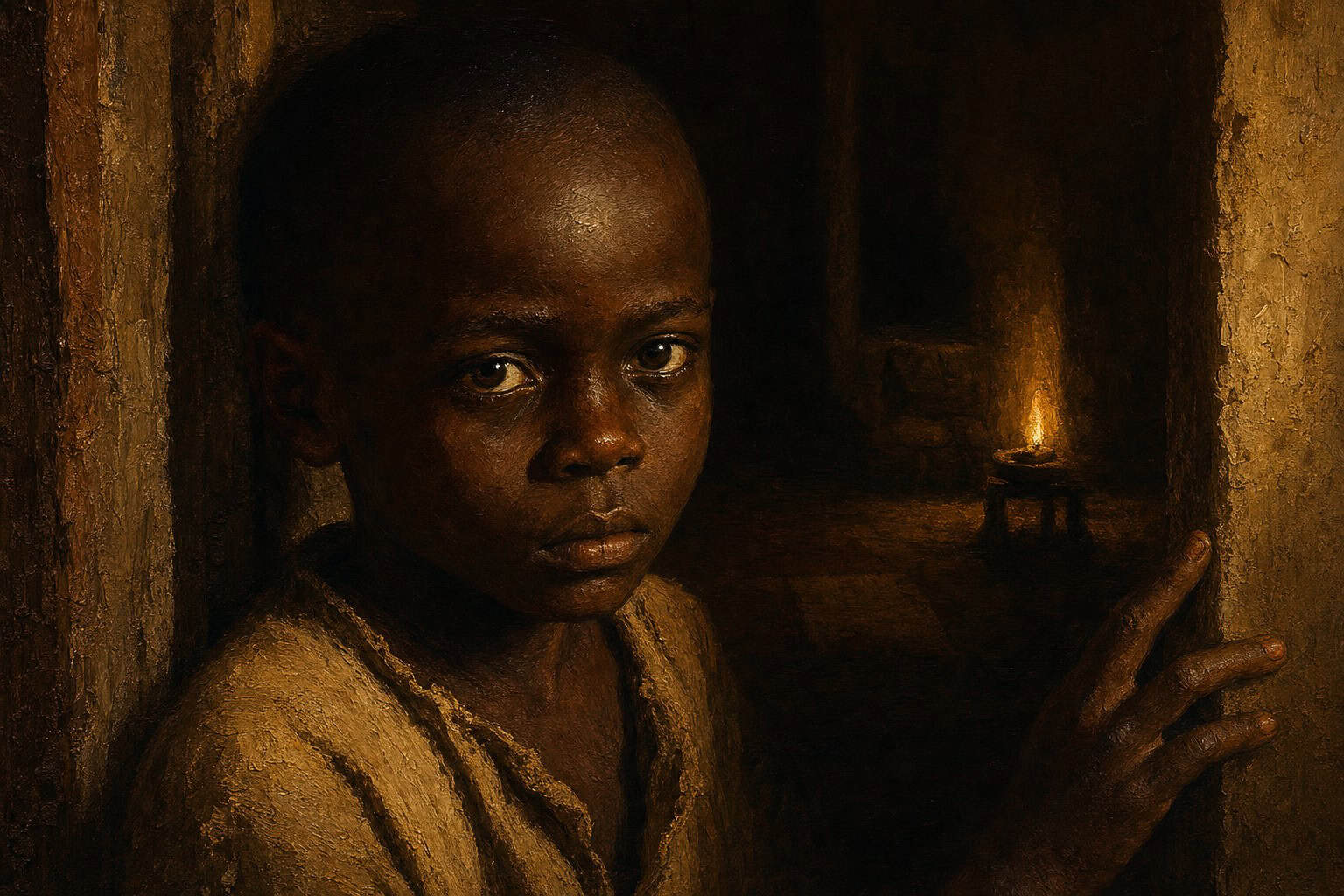 A small child standing in a vast dim doorway, one shaft of pale light on unfinished hands, the far room lost in shadow