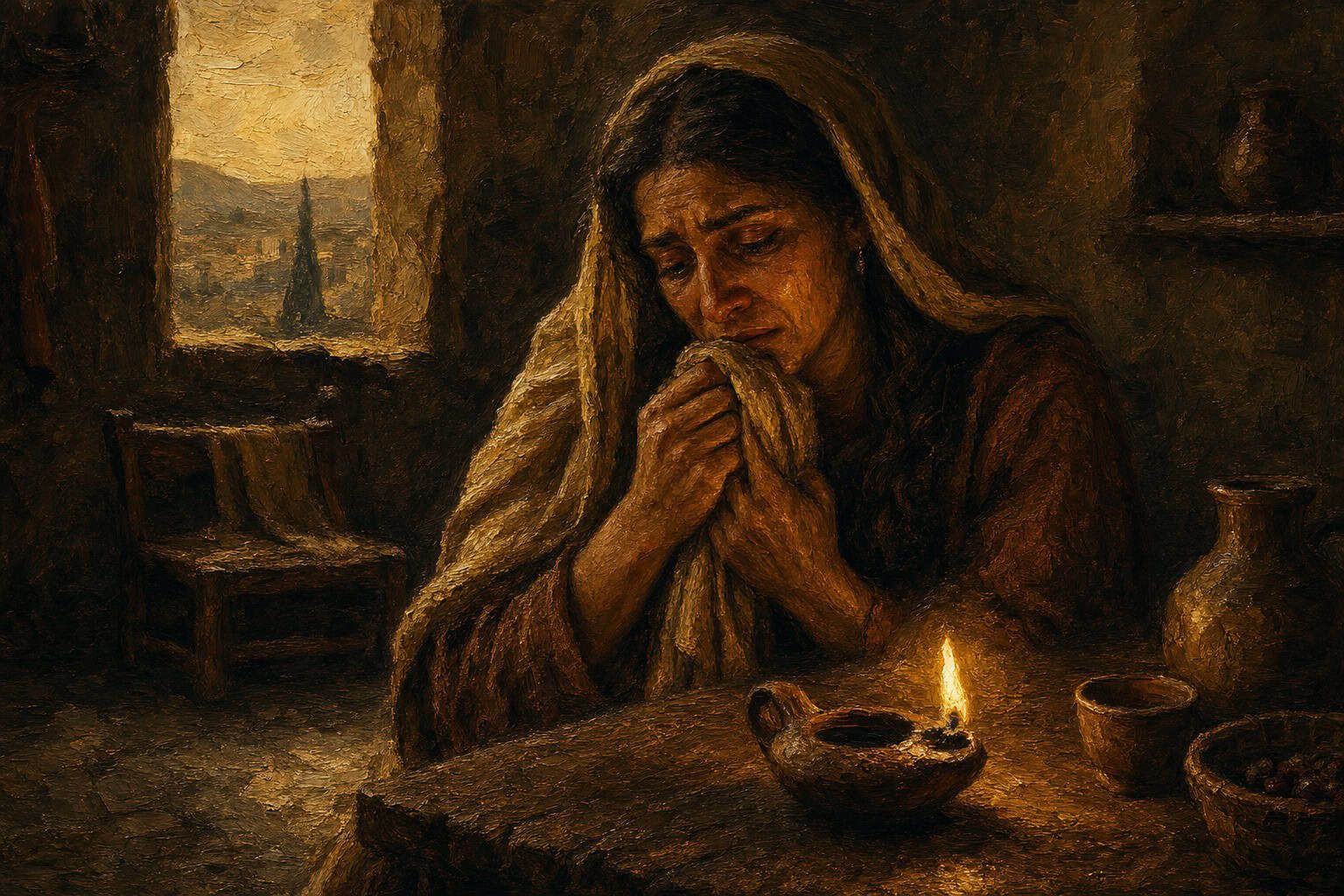 A dim, half-emptied a stone dwelling at dusk, one chair turned toward a bare window