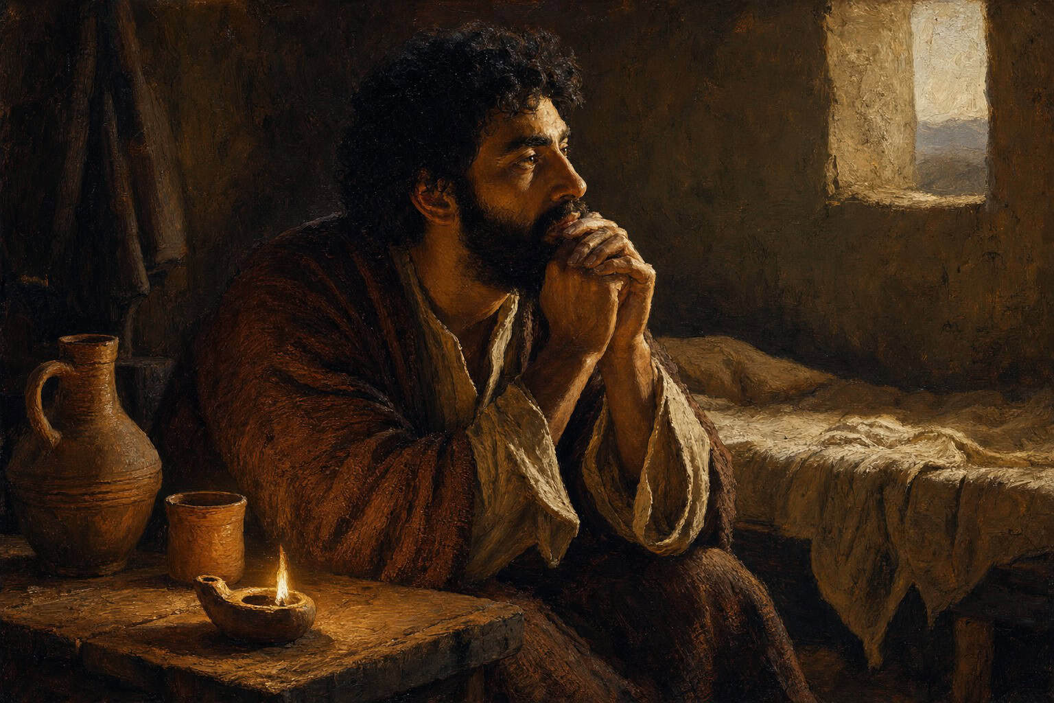A solitary figure seated in a dim room at dawn, a single low window of grey light, the sheets of an empty bed nearby