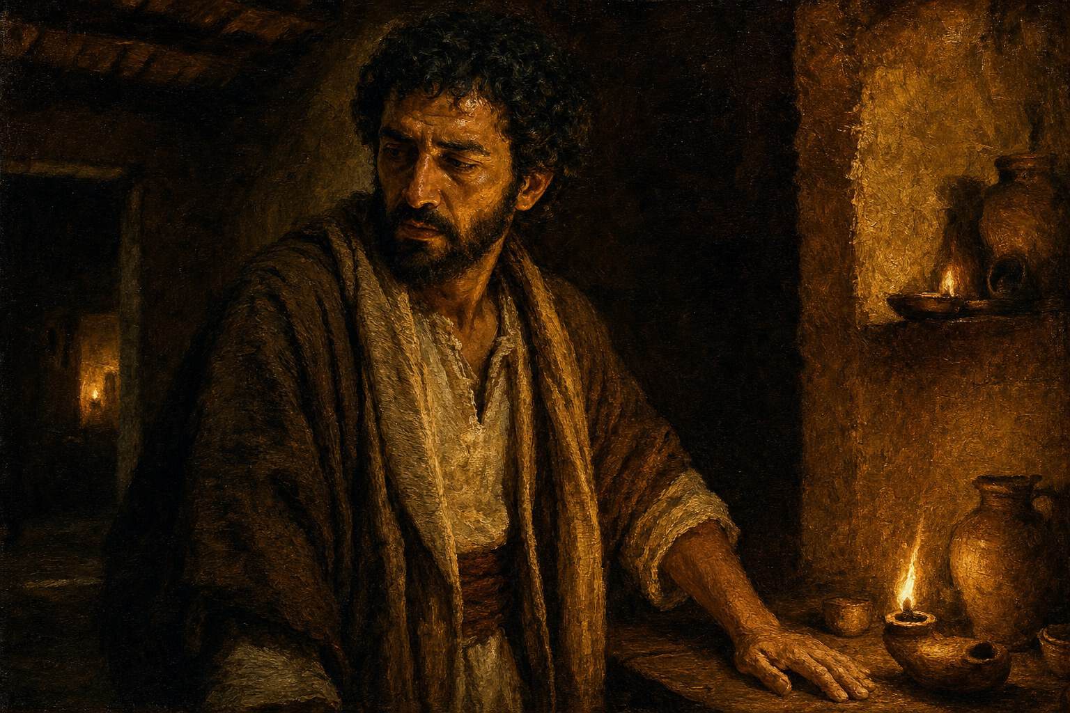 A lone figure standing in warm firelight, one hand pressed flat against a wooden table