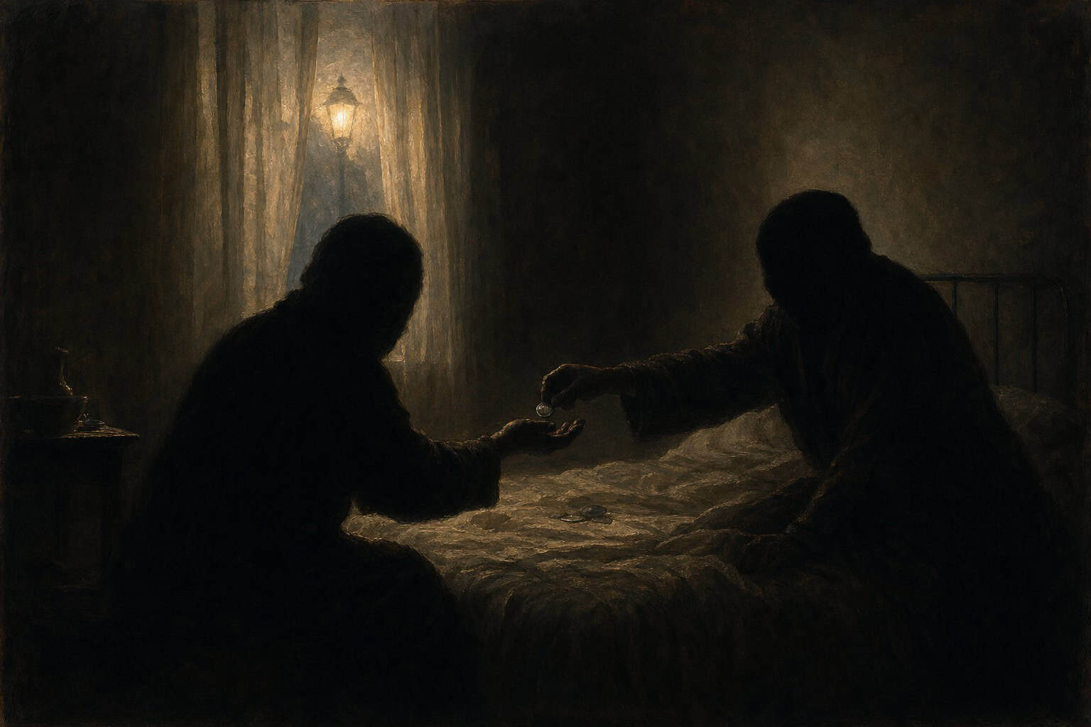A man and woman sit closely together, sharing a small object in their hands, illuminated by soft candlelight in a dim room.