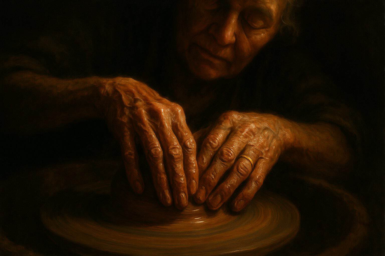 Elderly potter's clay-covered hands shaping wet clay in warm light, absorbed in instinctive touch