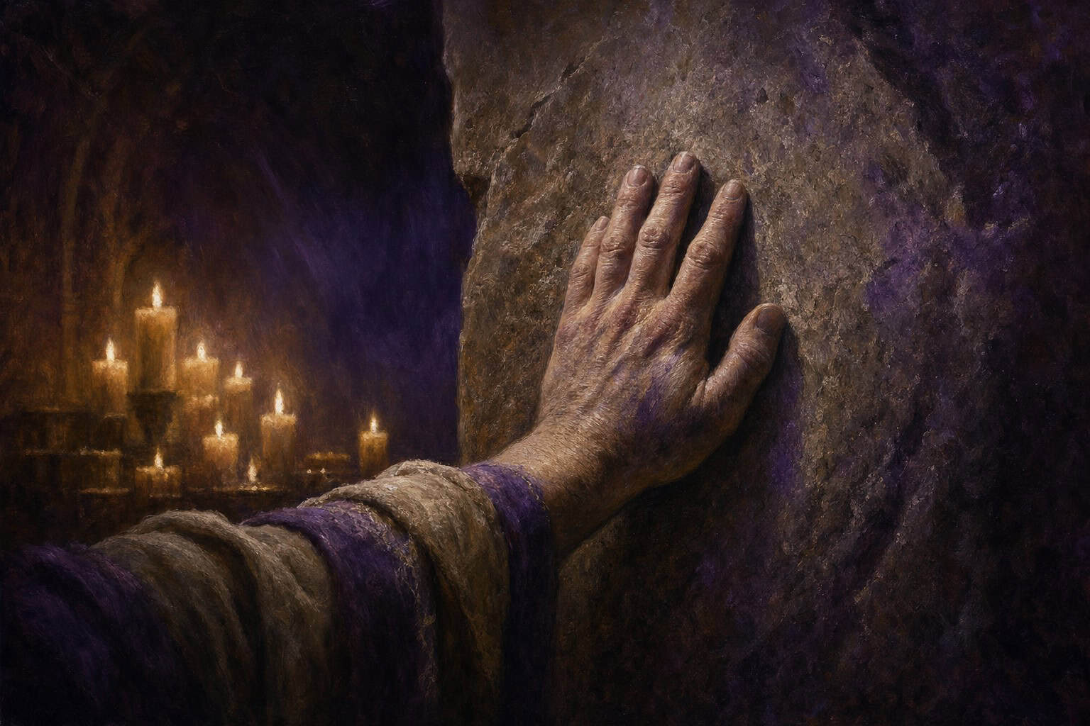 A bearded man in a robe stands near a stone wall, illuminated by a warm light from a lamp beside him.