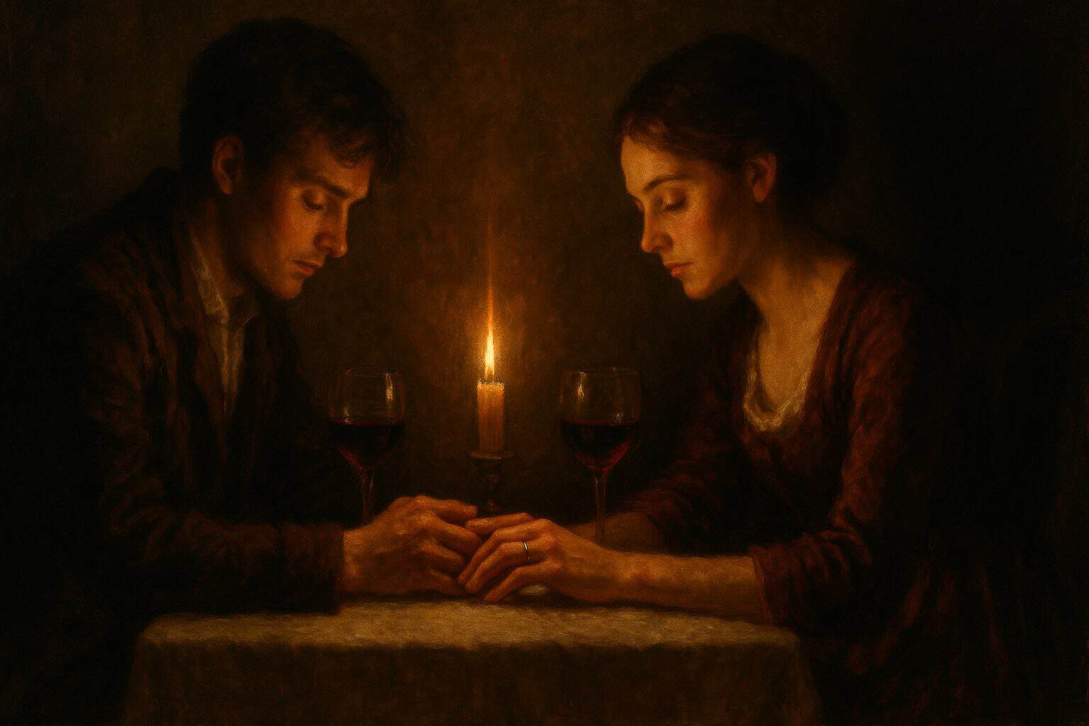 A young man and woman touching fingertips over candlelit dinner, tender and reverent