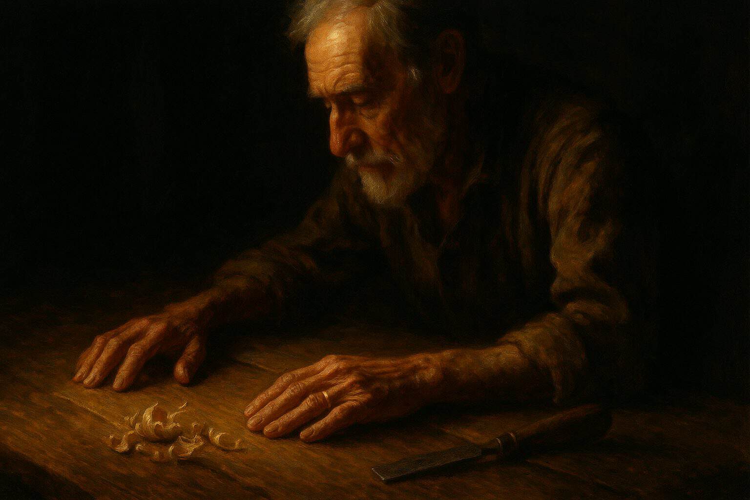 An old craftsman's hands and lined face at a worn table in dawn light, quiet reverent absorption