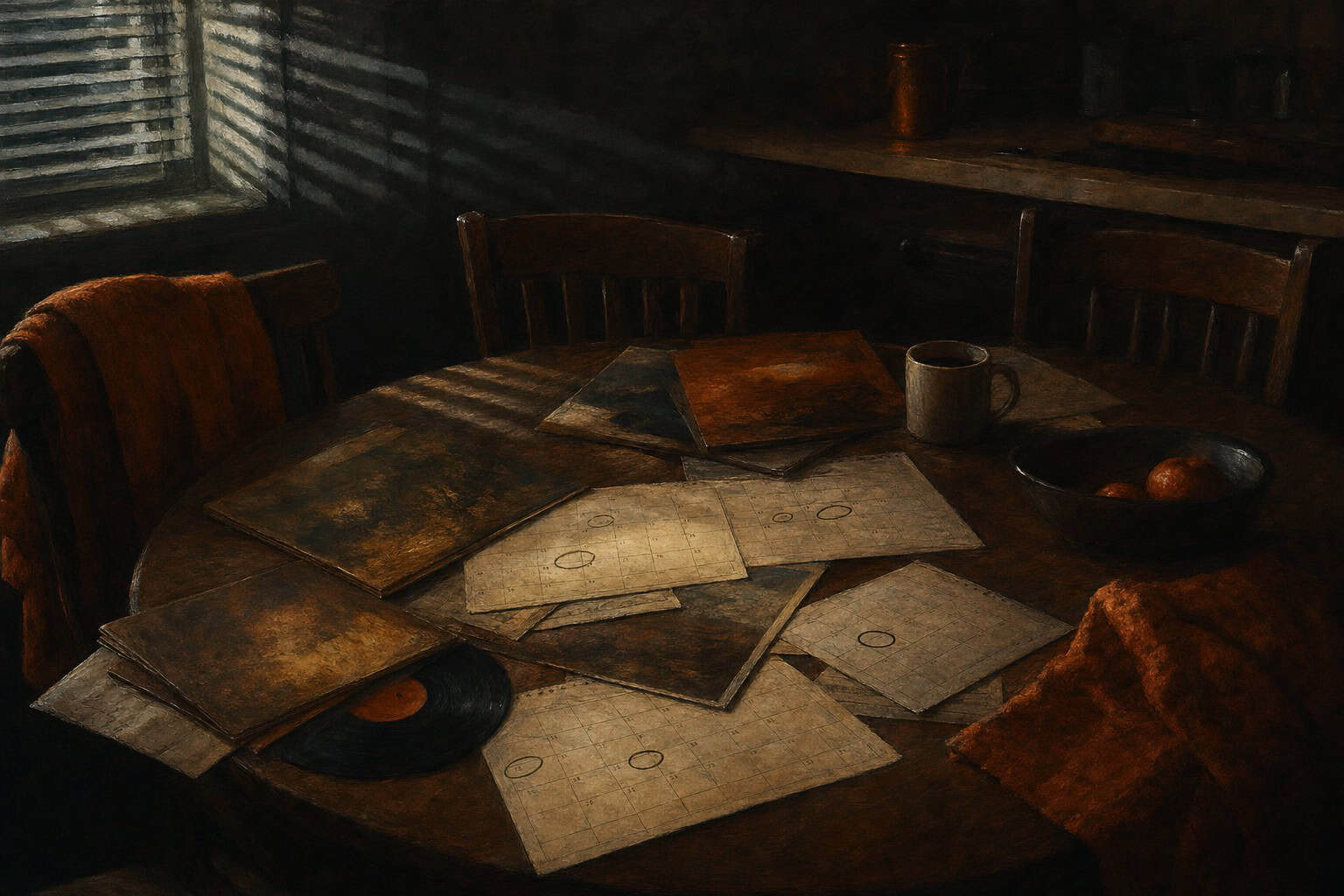 a kitchen table scattered with calendars and old album covers, certain dates roughly circled in dark ink — Confessions to the Empty Chair by Anthony Adore
