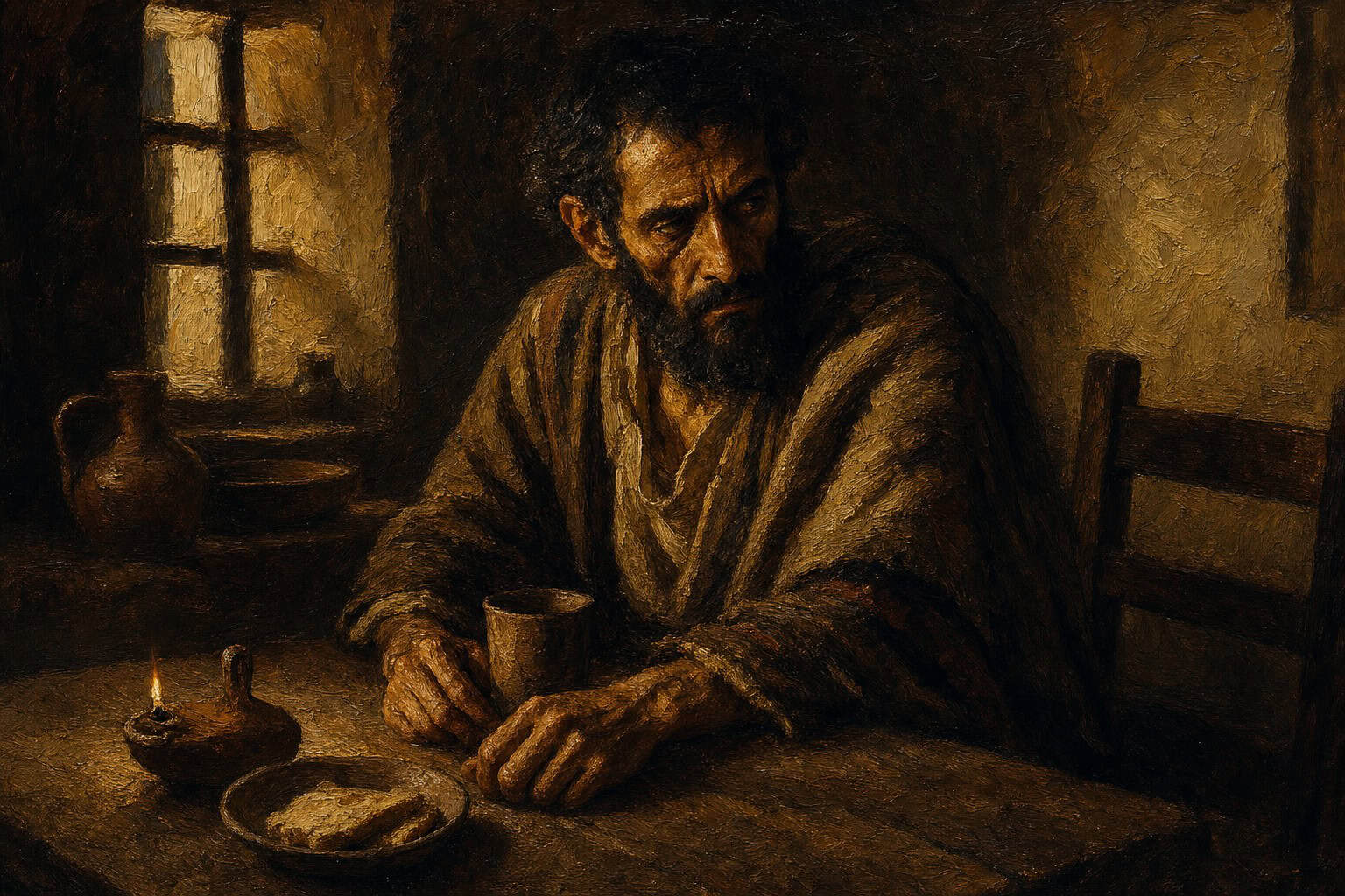 A man alone at a dim table with a single burned-down candle, one empty chair across from him, dim light through a window