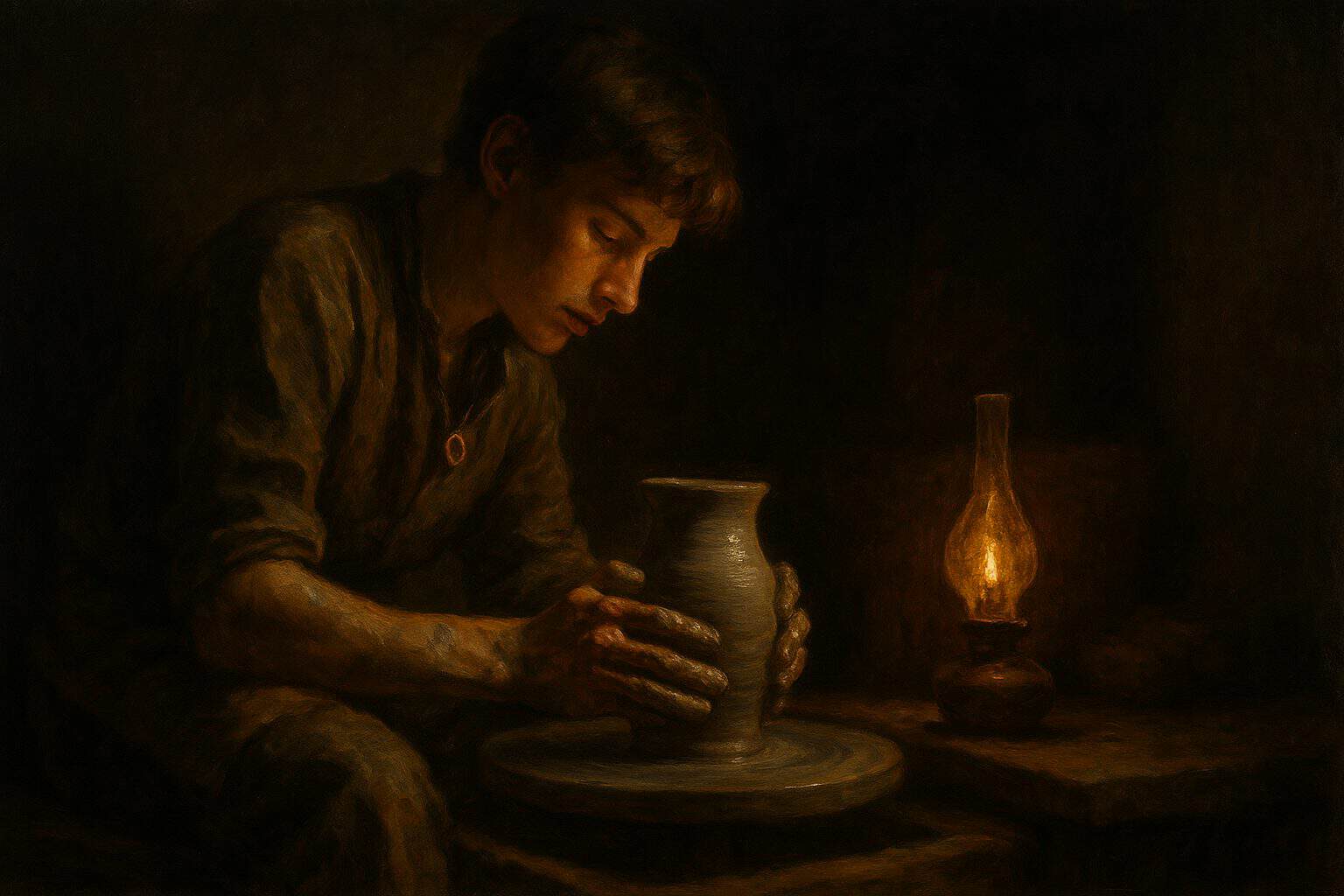 A young potter shaping wet clay by lamplight, face softened in absorbed surrender