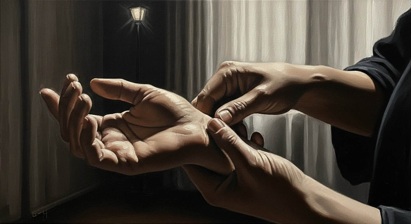 A woman gently tends to a man's wounded leg in a dimly lit room, with warm, earthy tones and soft shadows.