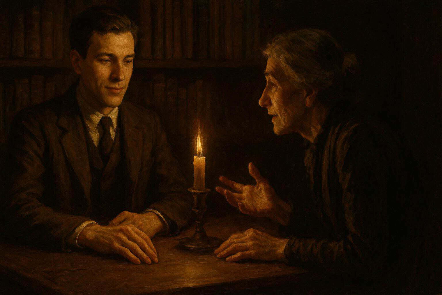 A young man's polite, unreachable smile meets an older woman's earnest plea across a candlelit table
