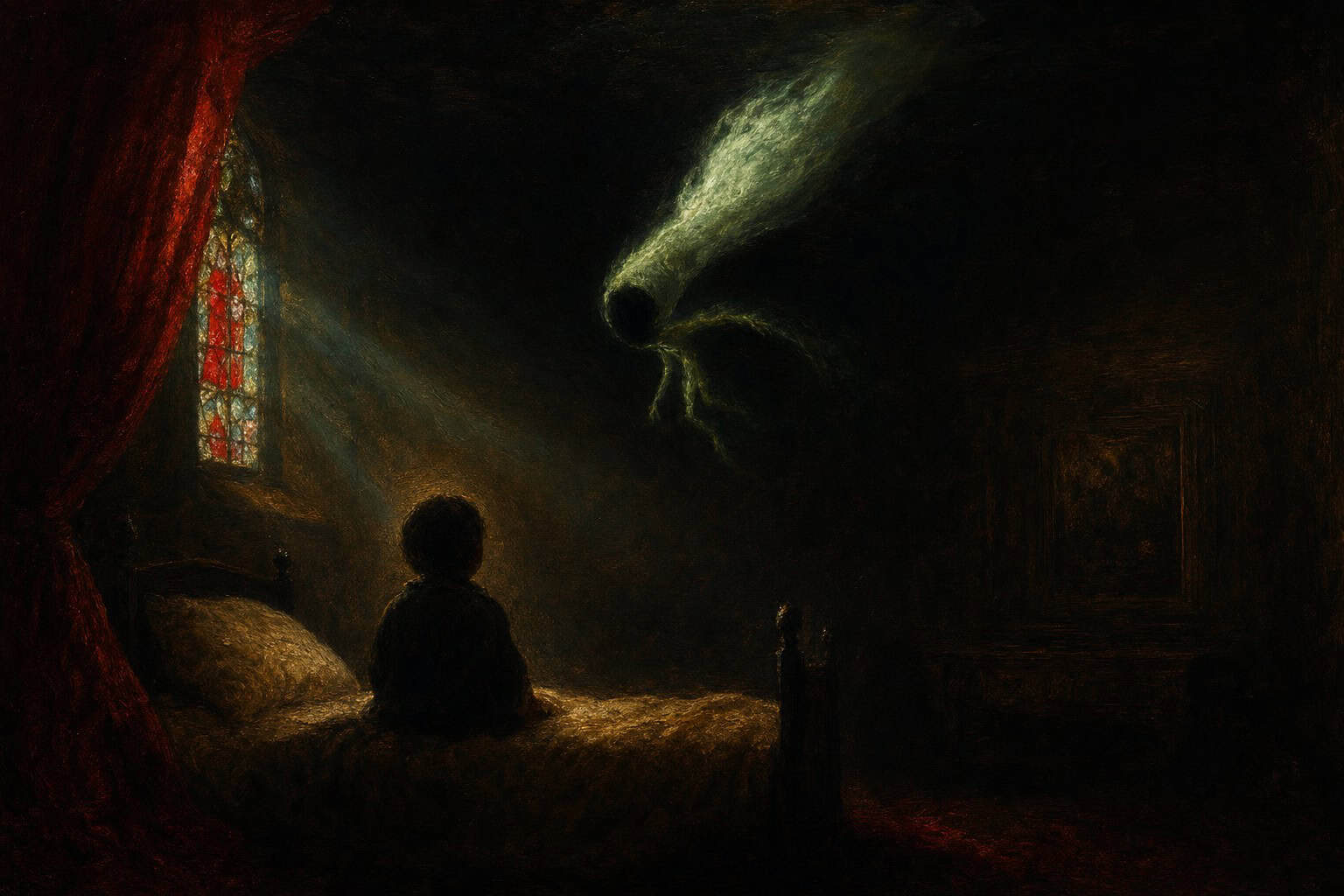 An angel in white robes stands beside a boy in bed, illuminated by soft light streaming through a stained glass window.