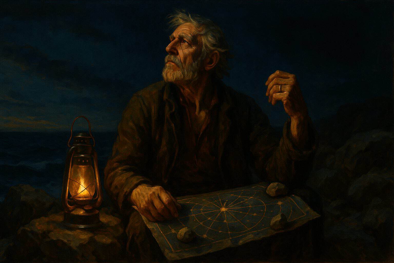 An old fisherman turns his gaze from a star chart on his knees, resolute in lantern light at dusk