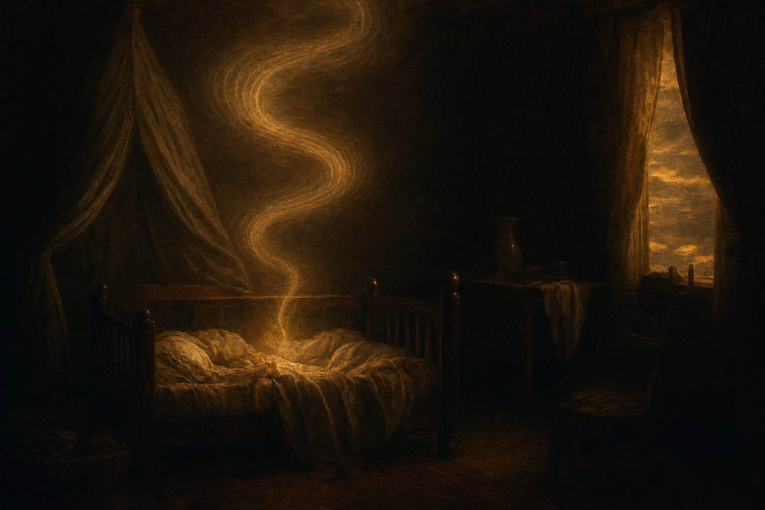 A young child sleeps peacefully on a bed, illuminated by a warm candlelight, surrounded by soft fabrics and scrolls.
