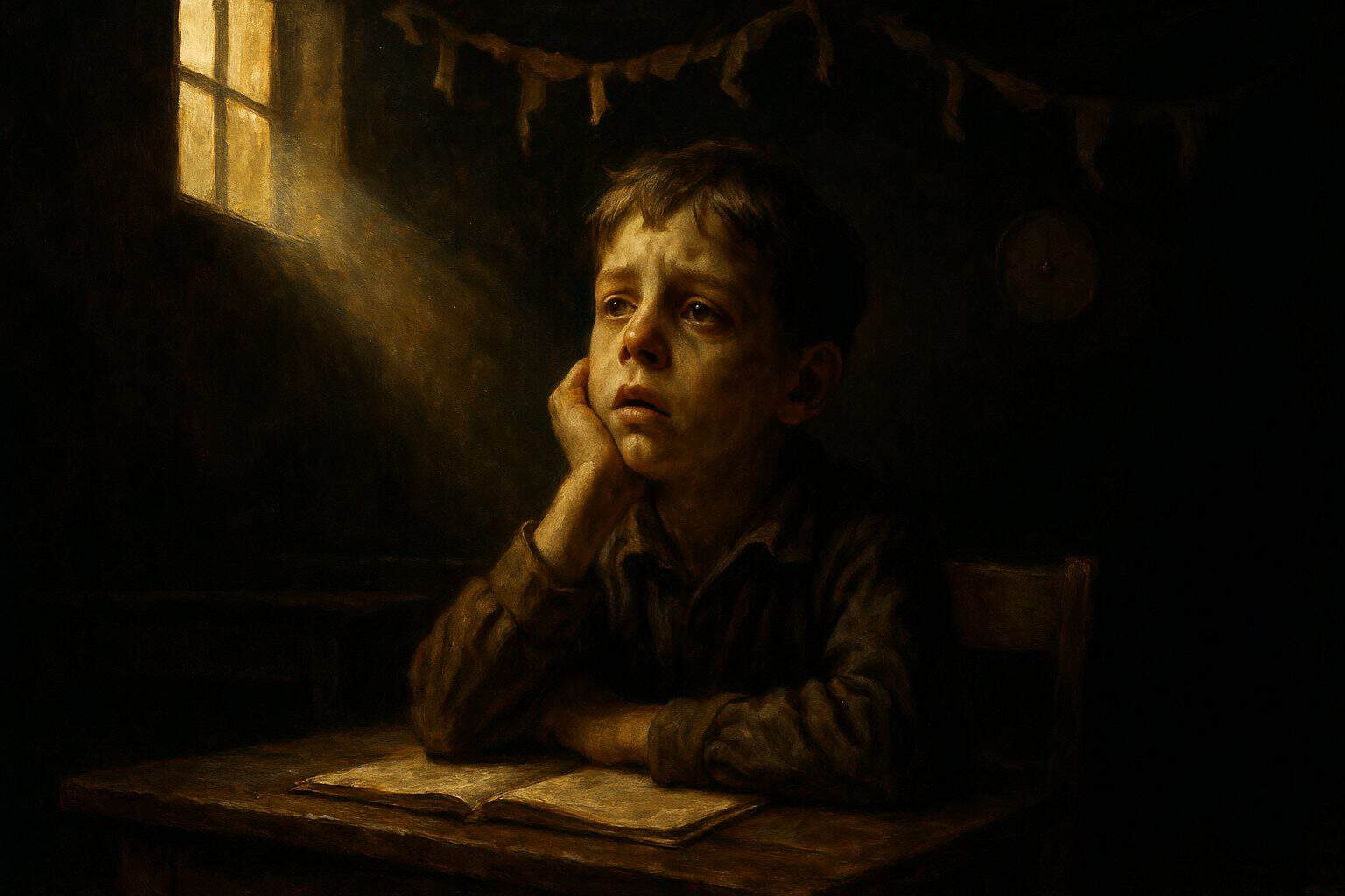 A young boy at a schoolroom desk staring upward with weary despair as afternoon light falls