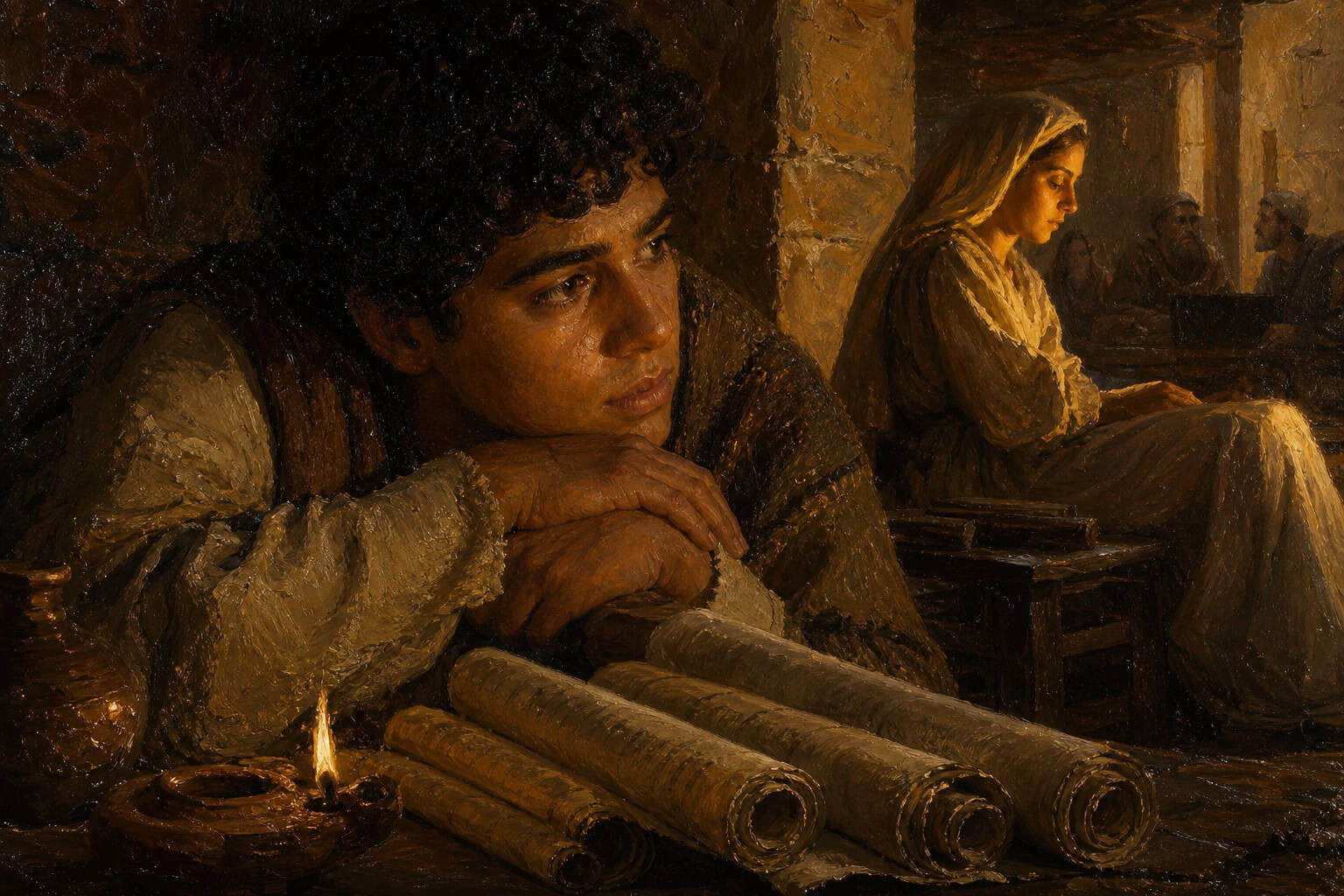 A young man alone at the edge of a lecture hall, scroll stacked before him