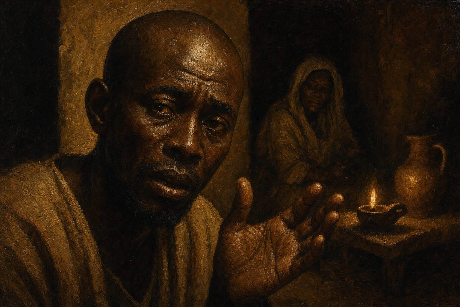 An aging man's hand caught mid-gesture in low lamplight, a shadowed room behind him