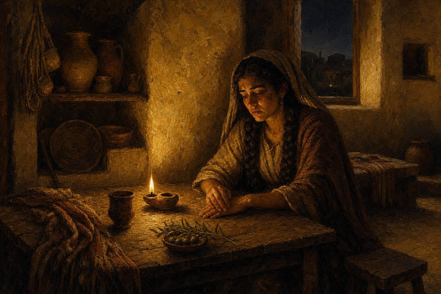 A single figure seated alone at a dim kitchen table late at night, hands finally still on the wood, one lamp glowing