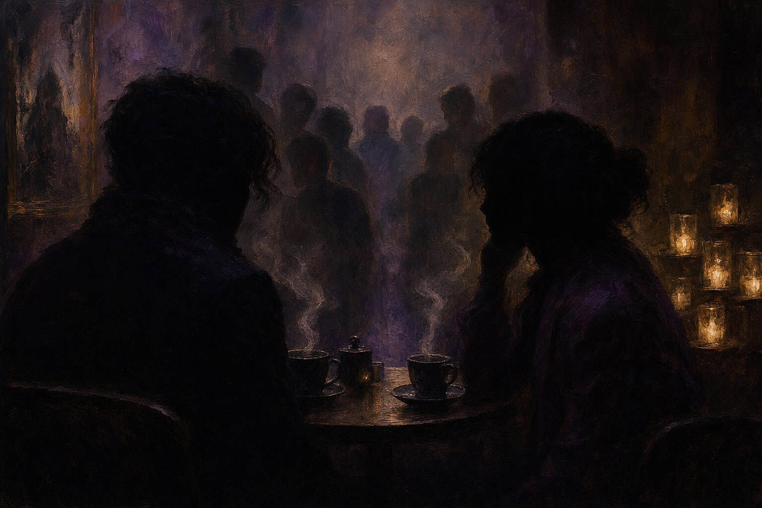 A man and woman sit at a table with a candle, observing a group of people conversing in a dimly lit interior.